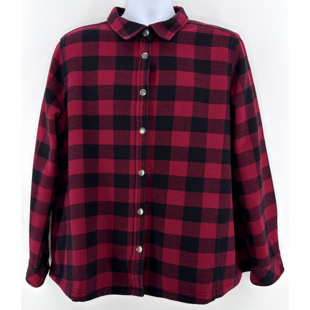 Orvis Shirt Jacket Women XXL Snap Front Red Buffalo Plaid Fleece Lined Outdoor‎